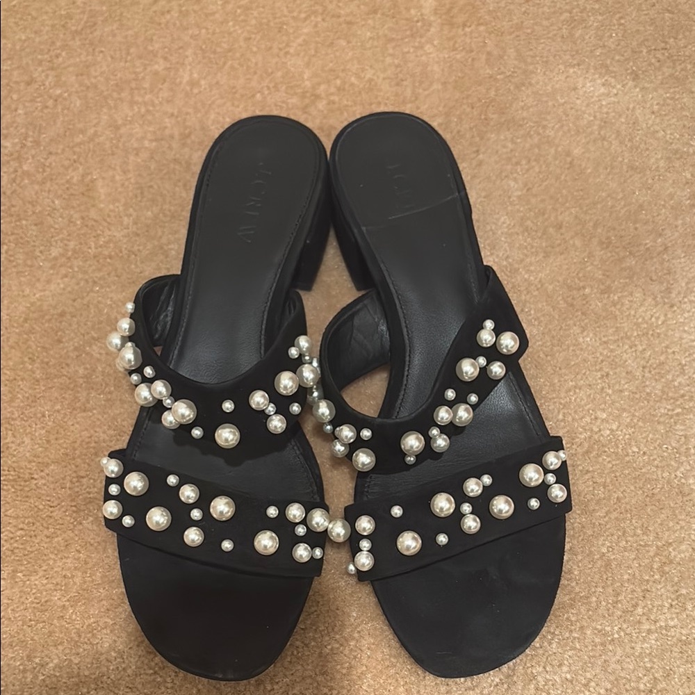 J. Crew Black Pearl Embellished Slide Sandals